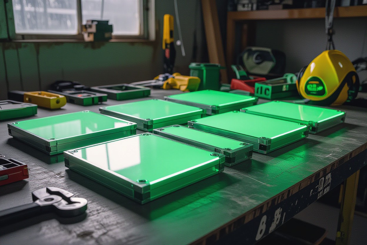 a group of green square objects on a table