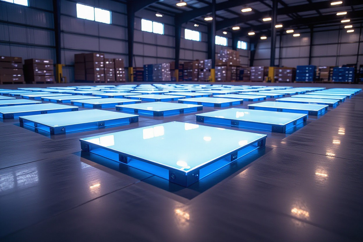 a group of blue square boxes in a warehouse