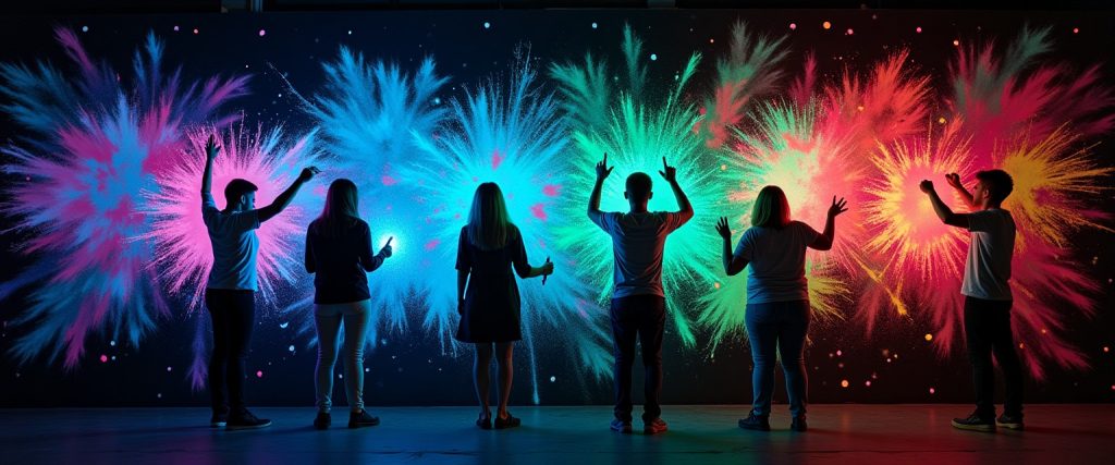 Glow in the dark artists painting mural on wall