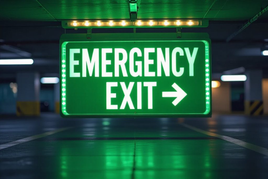 Bright green emergency exit sign illuminated.