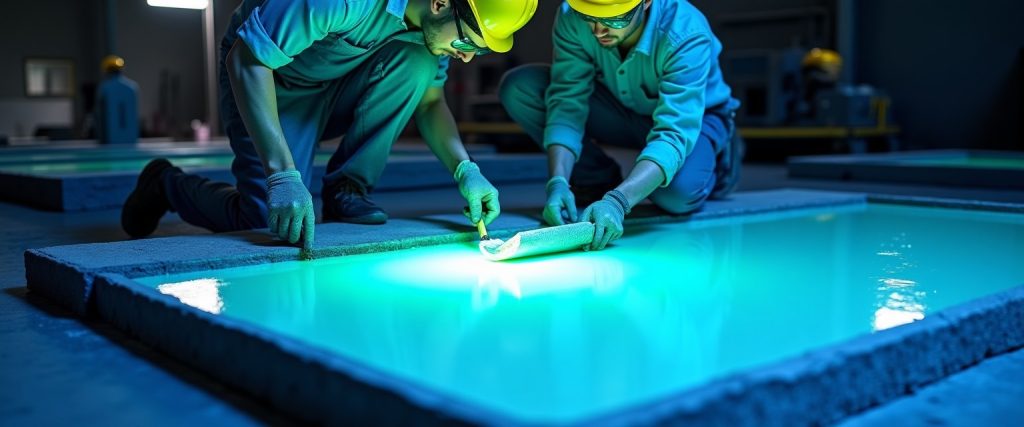 Workers inspecting glowing concrete slabs.