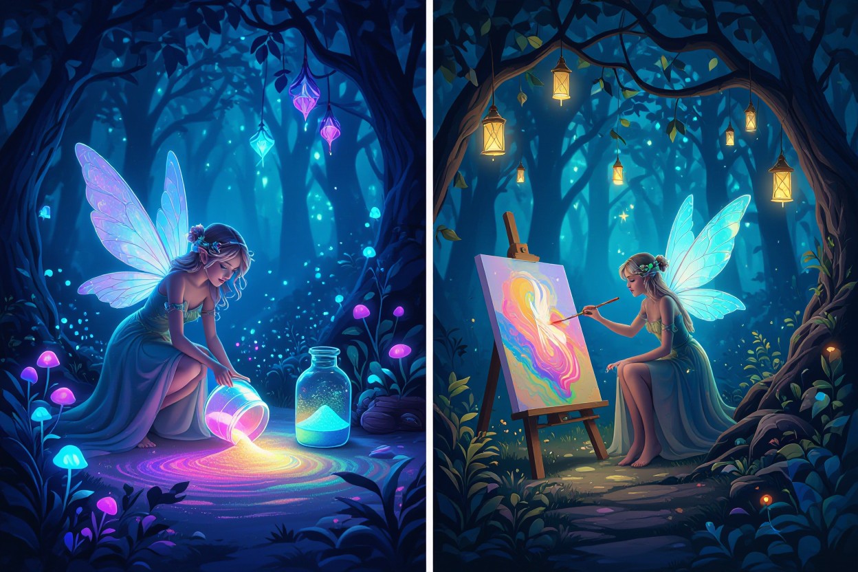 Fairy creating art in magical forest.