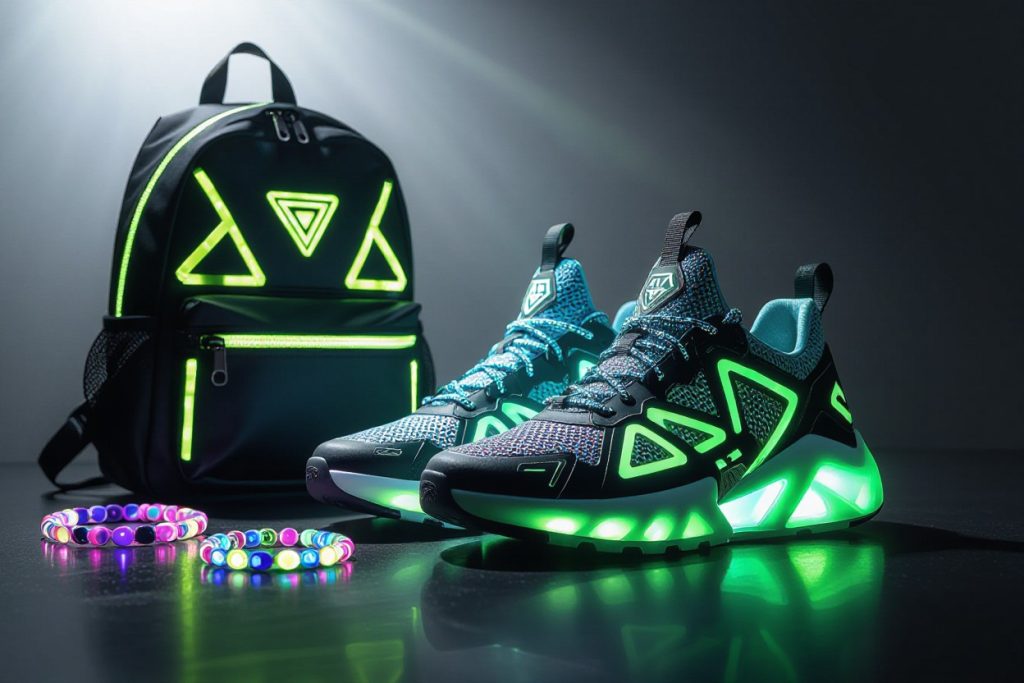 Glowing sneakers and backpack with accessories