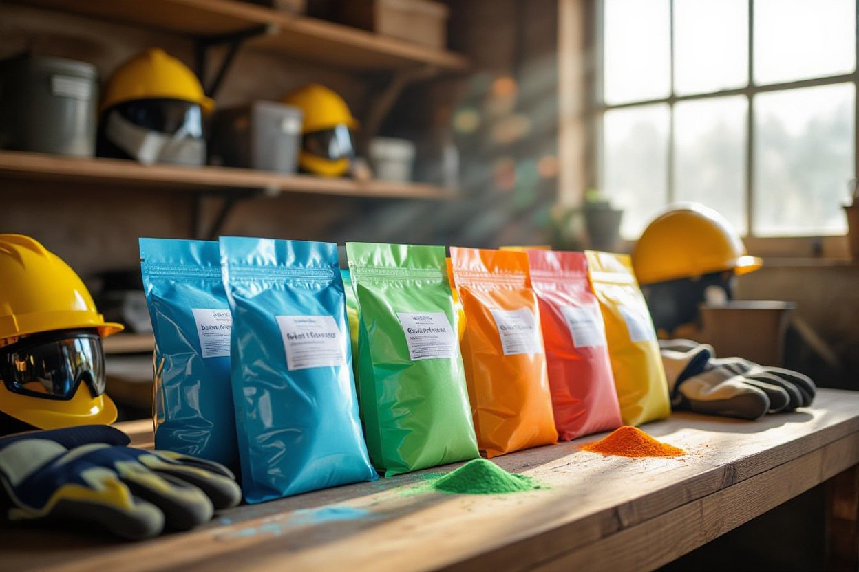 Colorful glow powders on a workbench.