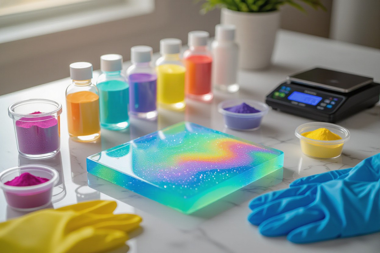 Colorful resin materials and tools displayed.