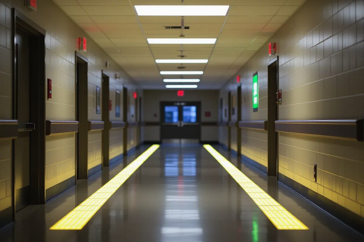 Illuminated hallway with safety markings