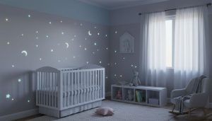 Cozy nursery with glowing decorations.