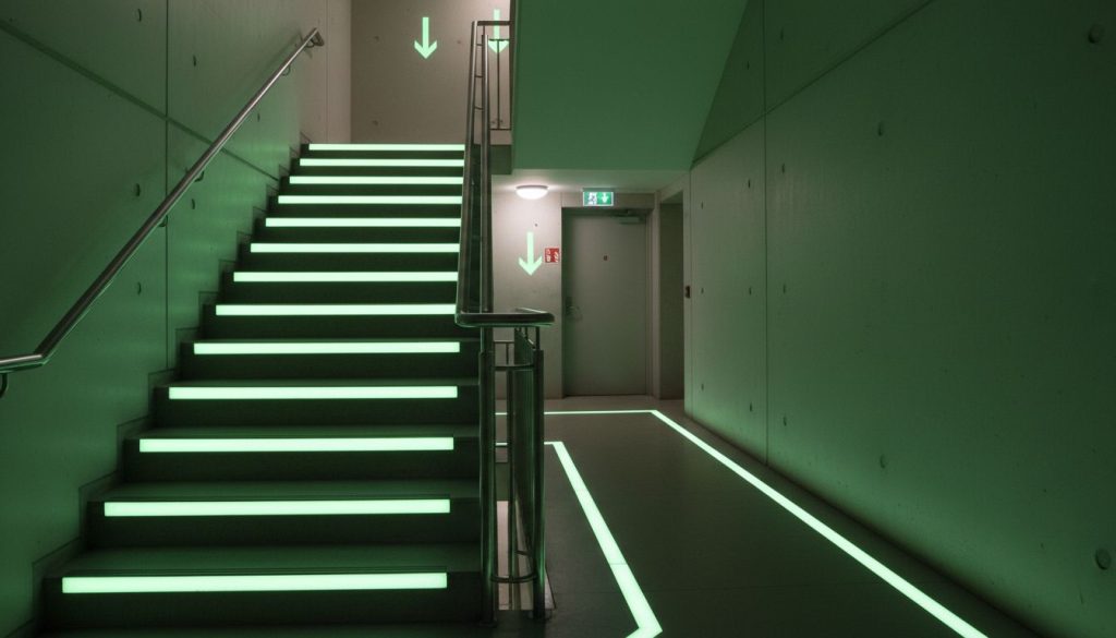 Illuminated staircase with green lighting