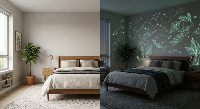 Glow in the dark paint on walls showing daytime and nighttime glowing effect