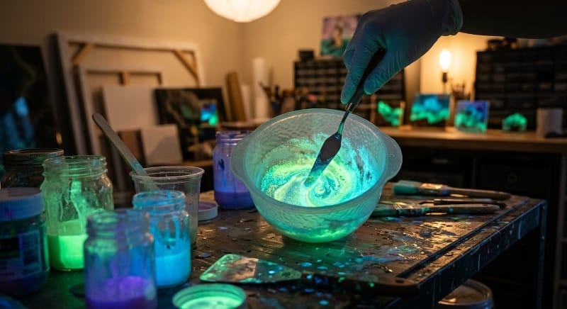 glow in the dark powder mixed into resin and paint glowing
