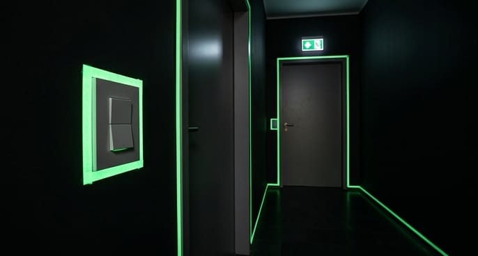 glow in the dark tape glowing on hallway edges for visibility