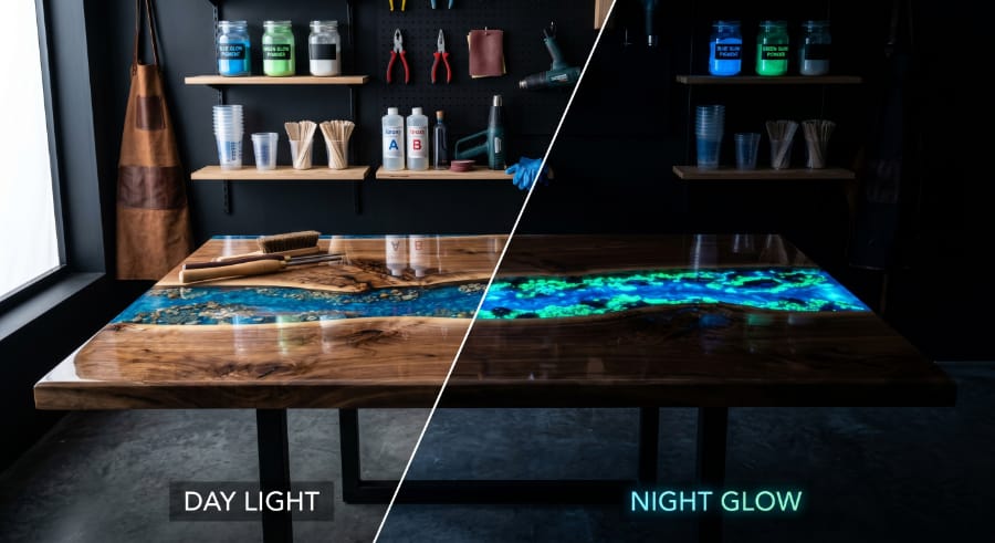 glow in the dark epoxy resin table glowing blue and green at night