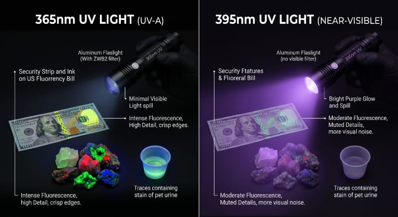 Side-by-side comparison of 365nm and 395nm UV lights shining on fluorescent materials.