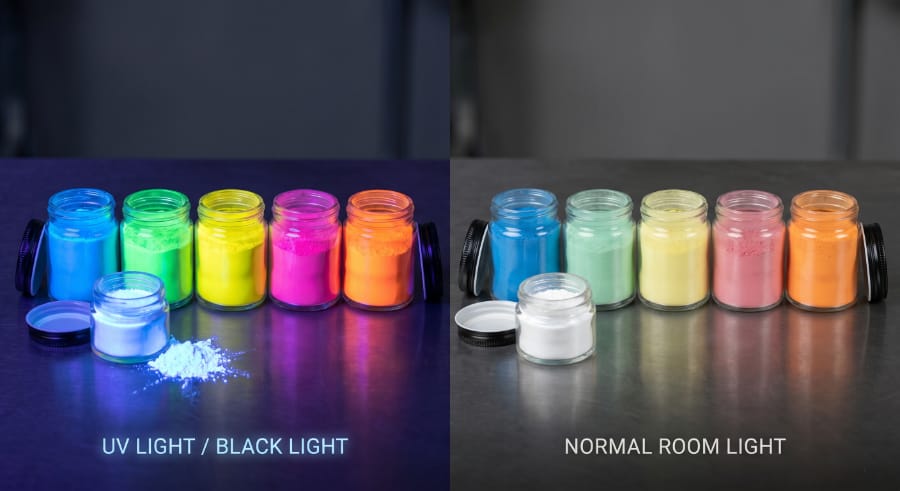 Learn the difference between UV light reactive powder and UV fluorescent powder, how they work under black light, and how they are used in paints, body paint, resin, printing inks, and tattoo inks.