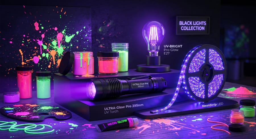 Collection of UV black light products including UV torch, UV bulb, UV LED strip