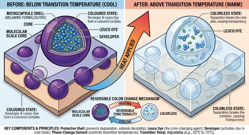 Diagram showing how thermochromic pigments react to heat