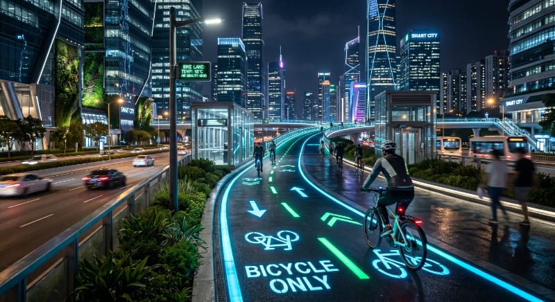 Futuristic smart-city bicycle lane with glowing luminescent road markings at night