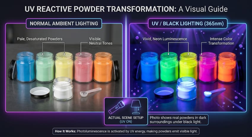 Split-screen showing UV reactive powder under normal light and under UV black light