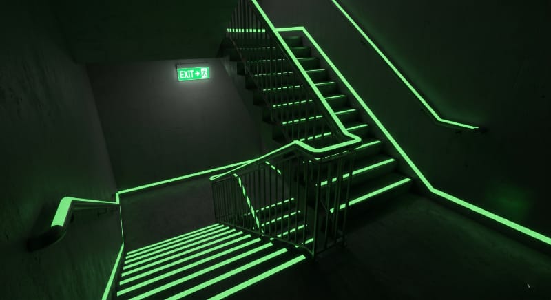 emergency stairwell with luminous stair nosing