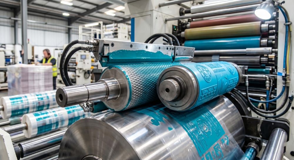  flexographic printing machine packaging film rollers anilox system close up 