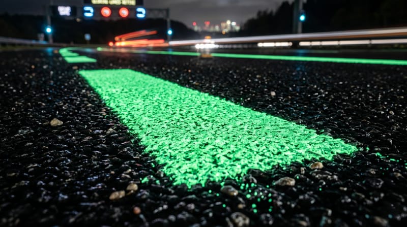 Close-up macro shot of glowing photoluminescent road paint embedded into asphalt texture at night