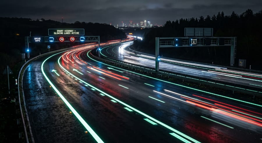 nighttime highway with glowing road lane markings