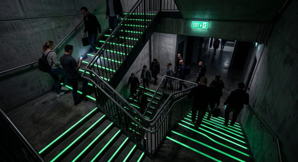 staircase with glow in the dark photoluminescent stair nosing