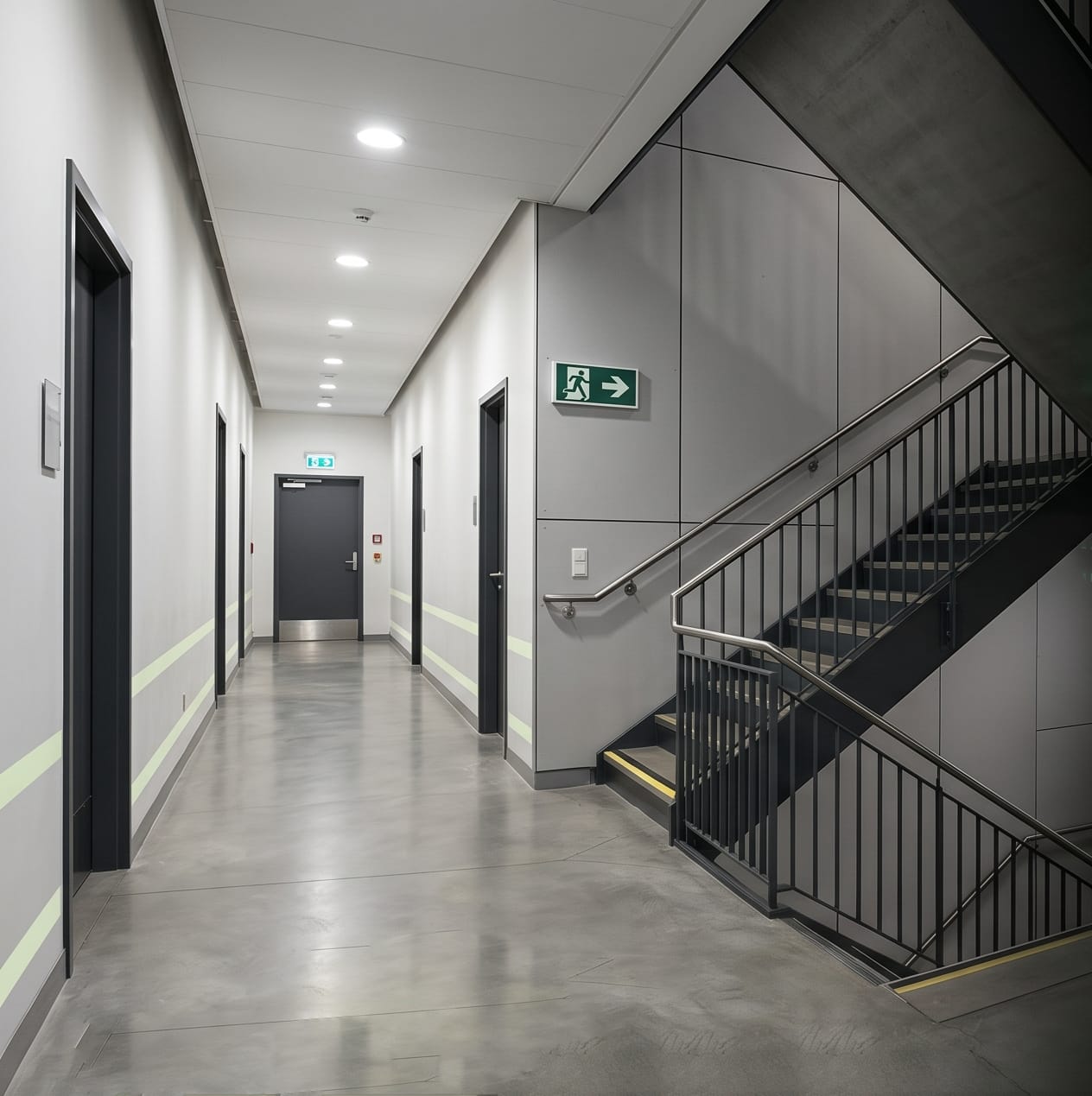 Corridor with glow signs and egress marking