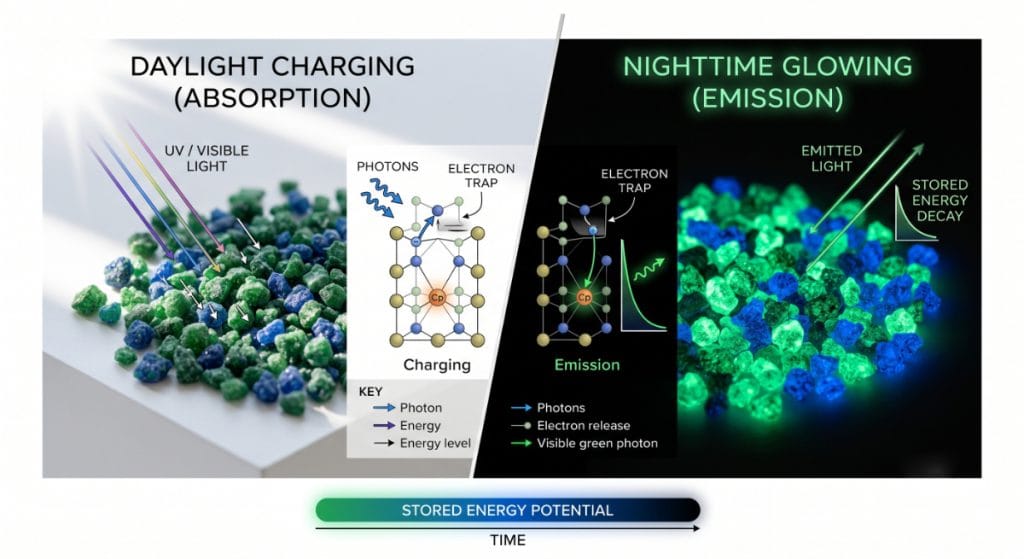 Glow in the dark materials charging in daylight and glowing at night.