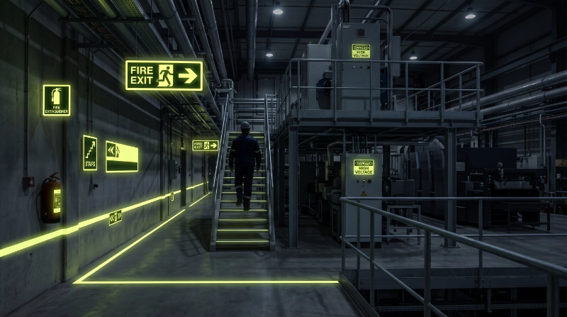 Photorealistic modern industrial facility featuring a coordinated set of custom photoluminescent safety signs and directional markers