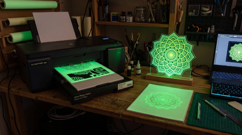 Photorealistic home or small workshop desk showing a computer-designed custom glow sign being printed onto photoluminescent Glow Photo Paper,