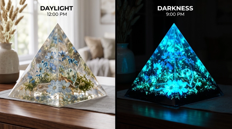 Split-screen comparison of the same clear resin artwork during daylight and in darkness