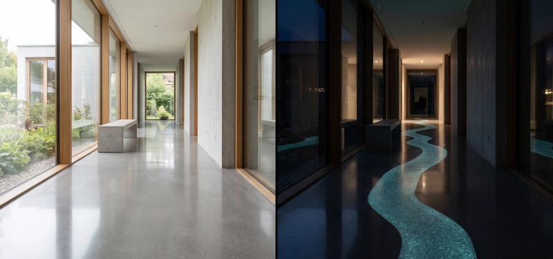 Split-screen comparison of a modern seamless epoxy floor during normal daylight and after dark