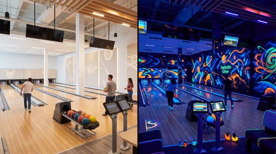 Split-screen comparison of a modern bowling centre during normal daytime lighting and during a cosmic bowling session under UV blacklights
