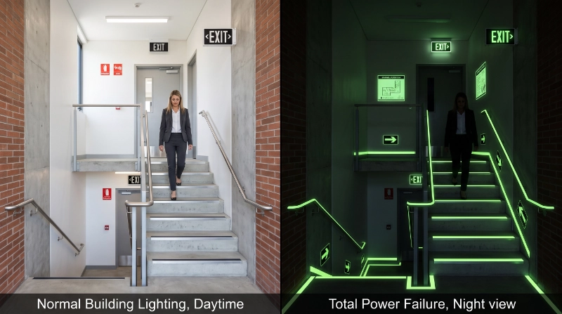 Split-screen comparison of a modern emergency escape route under normal building lighting and during a simulated total power failure