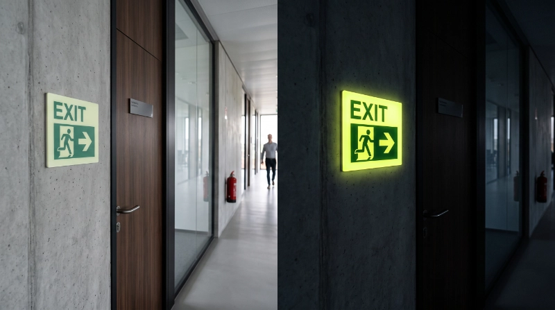 Split-screen photorealistic comparison of the same modern commercial safety sign during normal lighting and after the lights are switched off,