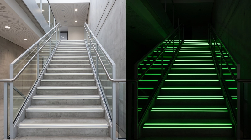 Photorealistic split-screen comparison of a modern commercial staircase fitted with aluminium photoluminescent stair nosings, one side under normal bright architectural lighting and the other in low light