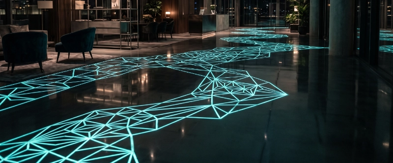 Luxury modern epoxy floor with geometric photoluminescent patterns appearing after dark,