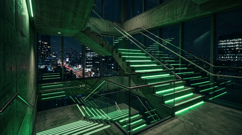 Modern concrete staircase with glowing edge markings,