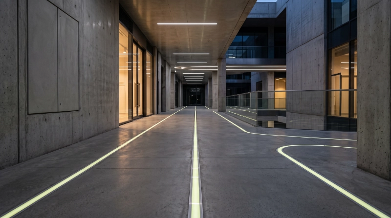 Photorealistic commercial walkway using neat 50 mm wide flat aluminium photoluminescent strips