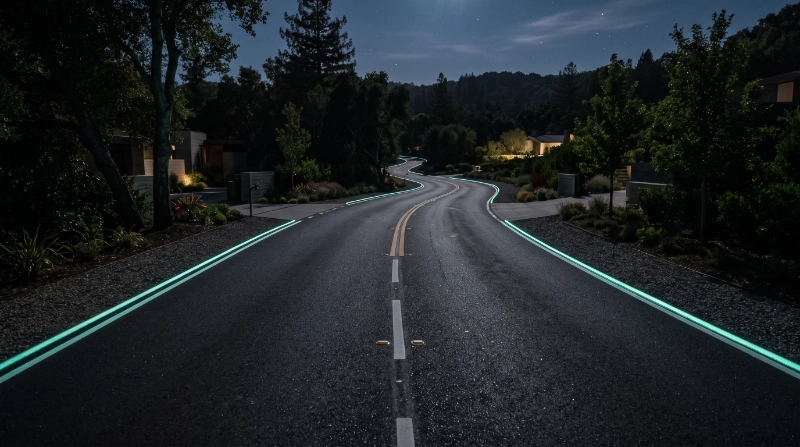 private roadway at night with subtle continuous photoluminescent edge markings following both sides of the asphalt route