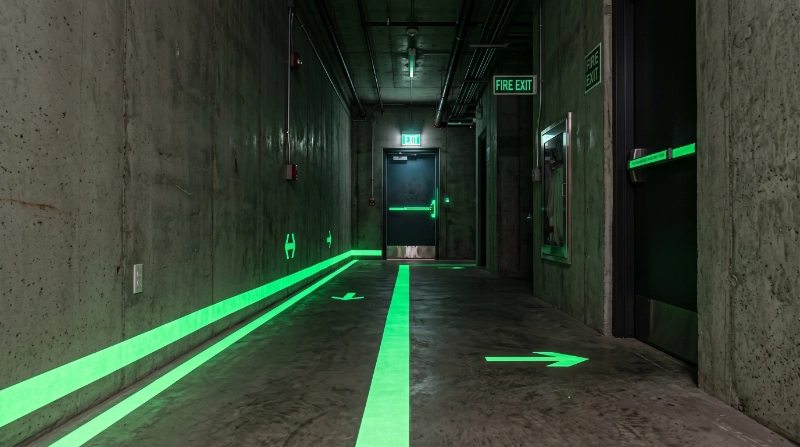 Photorealistic commercial emergency corridor with professionally applied photoluminescent Glow Paint markings along low-level walls and floor edges, realistic concrete and architectural finishes