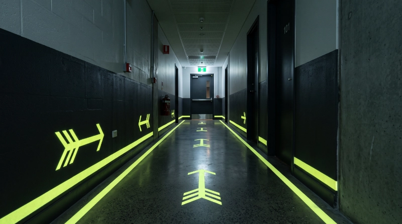 Photorealistic professional commercial escape corridor with customised photoluminescent Glow Paint directional markings and arrows applied to suitable wall and floor-level surfaces
