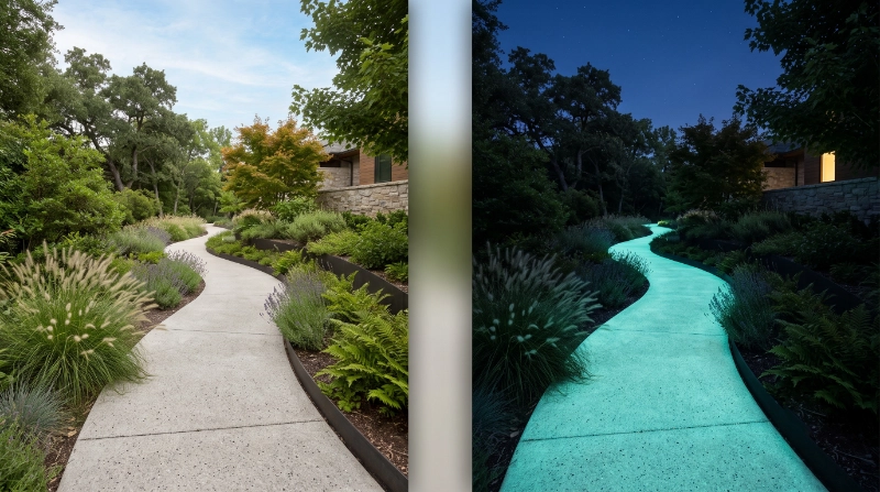 Modern concrete pathway coated with invisible Glow Paint