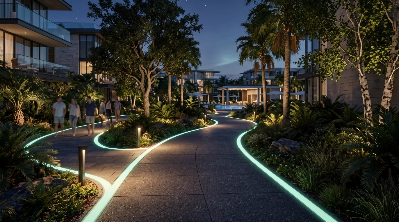 Photorealistic landscaped pedestrian pathway with continuous photoluminescent edge markings glowing softly after dark, modern resort