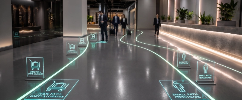 Contemporary commercial epoxy floor with elegant glowing pathway lines guiding people through a large interior space