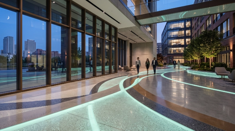 Decorative polished concrete floor coated with transparent glow finish