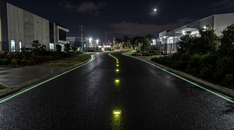 commercial access road at night with evenly spaced photoluminescent road studs