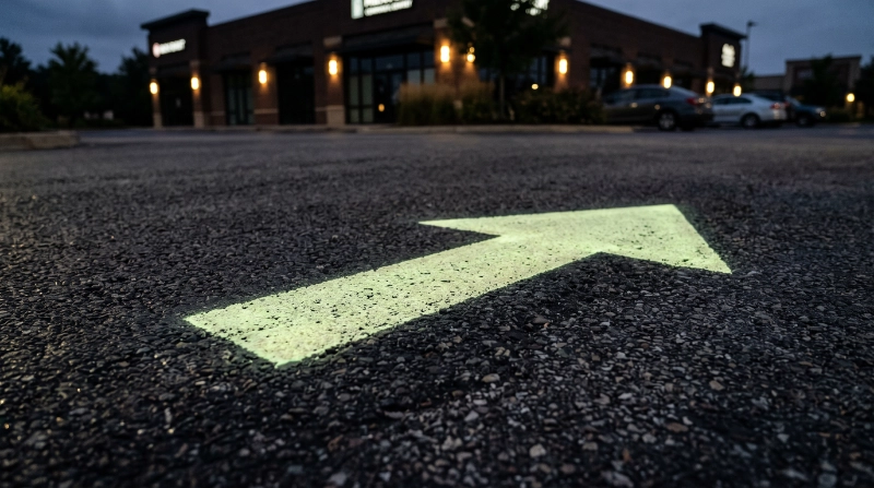 close-up of a custom photoluminescent directional arrow painted on asphalt in a private commercial development