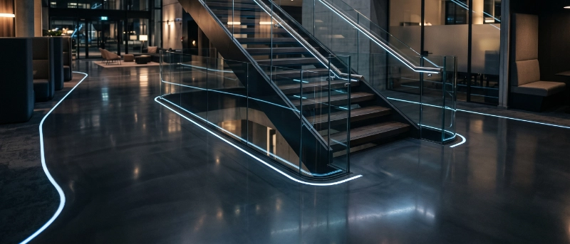 Modern commercial staircase and epoxy floor with subtle glowing edge accents, architectural low-light environment